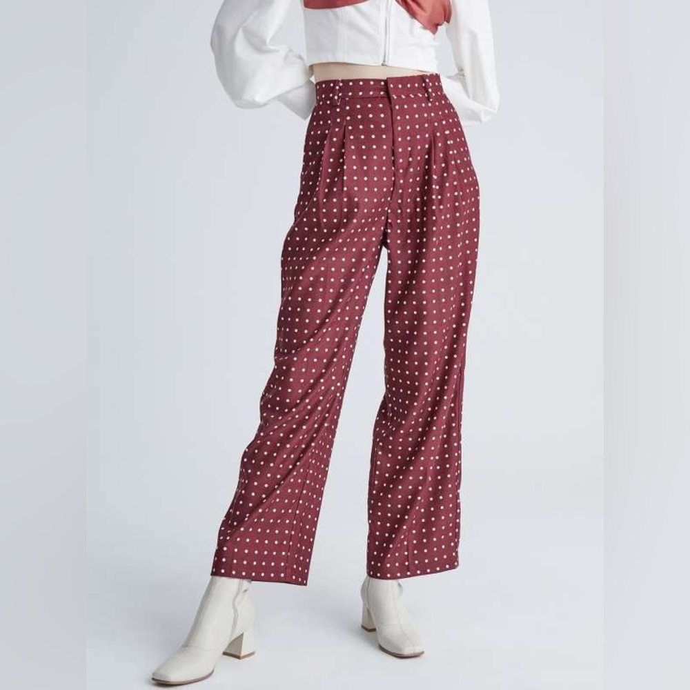Urban Revivo Women Sz 8 Red Polka Dot Printed Wide High-Rise Pleated Trousers